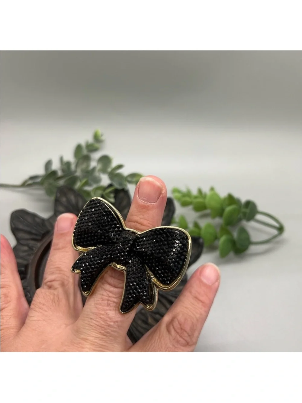 Black Bow Cocktail Ring with Gold Trim adjustable size FINAL PRICE DROP